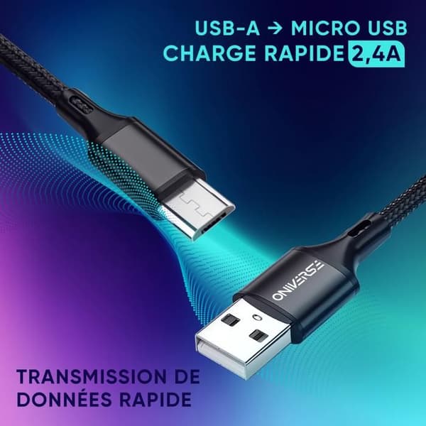 USB-kabel - Oniverse - Micro USB - 3m - Snabbladdning 2.4A - Kompatibel med PS4, Xbox One, Android, PC - Svart Svart