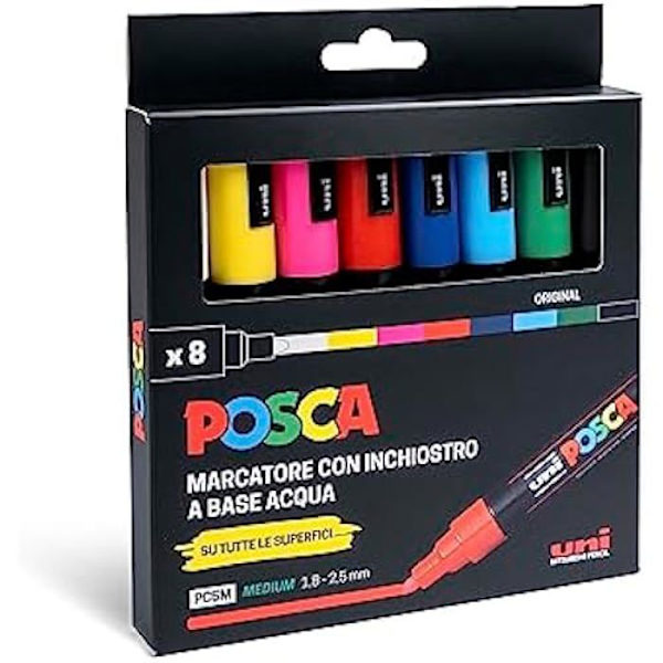 Acyrlika markörer - POSCA - Set om 8 - Rund spets 1,8-2,5 mm - Flerfärgad - Oföränderlig Flerfärgad