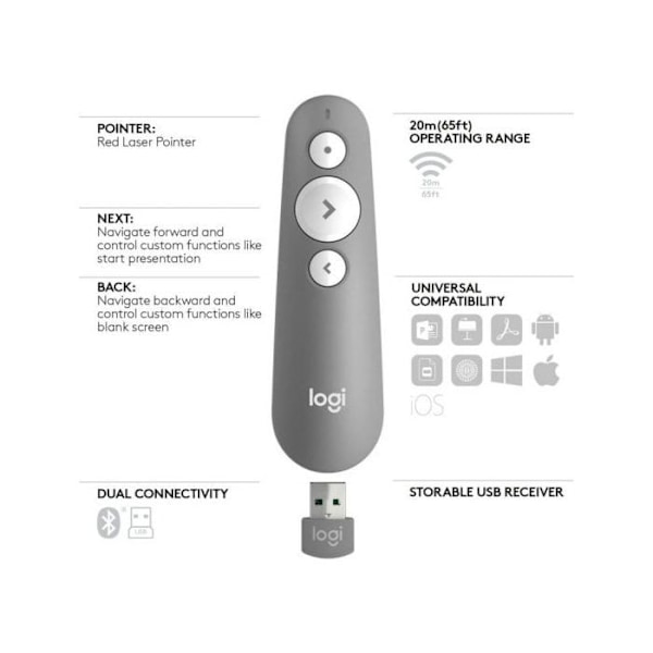 Presentationsfjärrkontroll - Logitech - R500s - Röd laserpekare - 20 meter - Bluetooth 4.0 LE