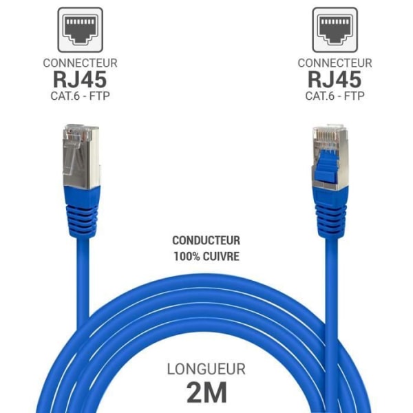 RJ45 Ethernet nätverkskabel Cat 6 FTP 33511 skärmad 250MHz 100 % kopparledare Längd 2m Blå