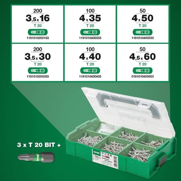 SPAX L-BOXX Mini Coffret 700 skruvar WIROX A9J T-STAR plus + 3 T20 bits och handskar