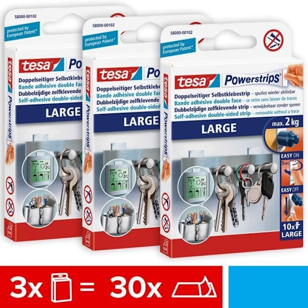 Tesa Powerstrips Avtagbara remsor LARGE - Extra stark fixering - Självhäftande remsor för släta ytor -