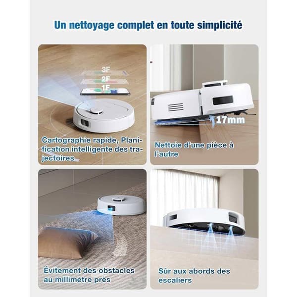 Robotdammsugare - ECOVACS DEEBOT MINI - 9 000 Pa - ZeroTangle 2.0 - TrueMapping 2.0 - Torkning vid 45 ℃ - Automatisk tömning Blå och vit