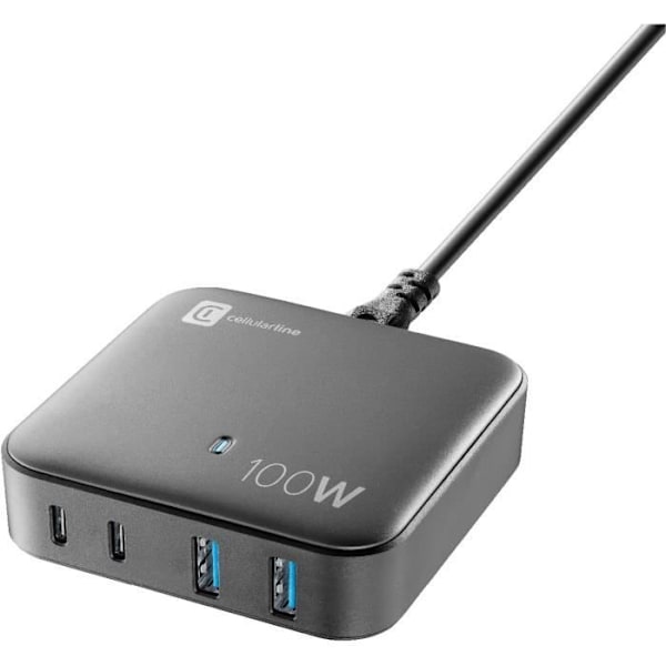 Laddare - Cellularline - Multipower Magnus 100W - 4 portar - Snabbladdning - GaN-teknologi Svart