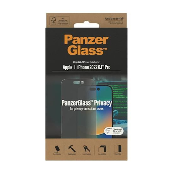 Skyddsglas - PanzerGlass - iPhone 14 Pro - Sekretess - Härdat glas - Repåterståndig
