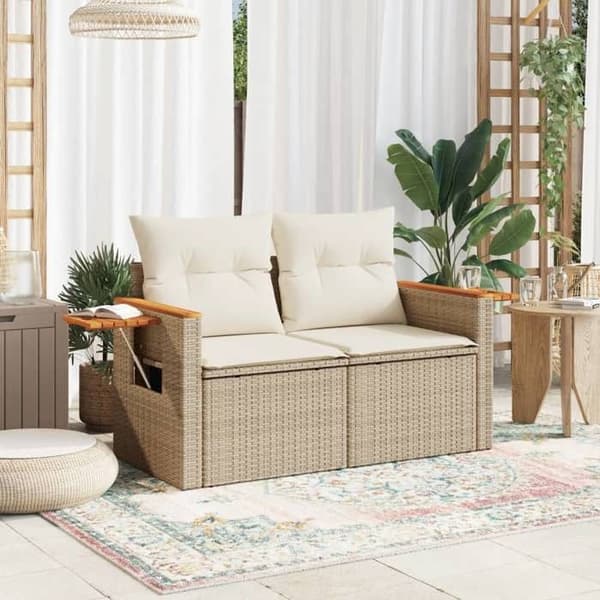 vidaXL trädgårdssoffa med kuddar 2-sits beige hartsrotting 366067