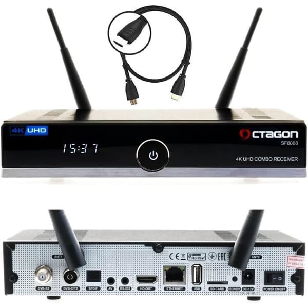Octagon SF8008 Combo-mottagare Sat 4K HDR DVB-S2X DVB-T2 H.265 E2 Linux Dual Wi‑Fi Svart
