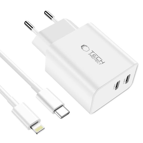 Väggladdare C35W 2x USB-C med USB-C-kabel - iPhone Lightning - Vit