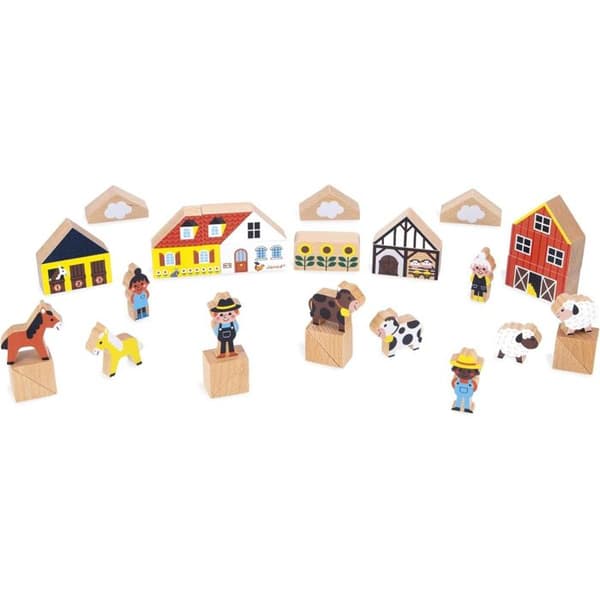 Set med 34 träblock Tema Landsbygd