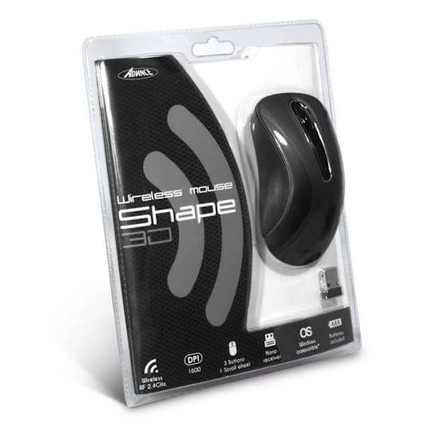 Shape 3D Mouse S-3DW-BK - ADVANCE - Trådlös - Optisk - 3 knappar - 1600 DPI - PC - Svart Svart