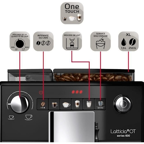 Kaffemaskin - MELITTA - Latticia OT - 1,5 L vattentank - 250 g böntank - 1450 W - Matt svart Matte svart