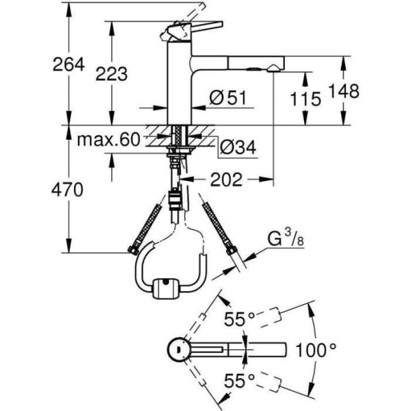 GROHE Engrepps diskbänksblandare Concetto 30273001 - Gjuten vridbar pip - 100 ° rotation - Utdragbart duschmunstycke - Temperaturbegränsare - Krom Grå krom