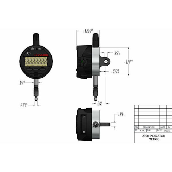 Starrett - 2900-1M - 2900-1M LCD elektronisk indikator, 8 mm stamdiameter, 0-12 mm räckvidd, 0,001 mm gradering