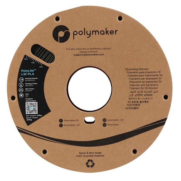 Fil för 3D-skrivare Polymaker - PA08001 - PolyLite LW-PLA - 1,75 mm - 800 g - Svart