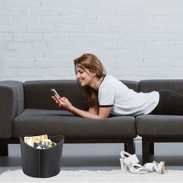 Relaxdays stockkorg L, Vedförvaring, tidningsställ i konstläder, svart svart