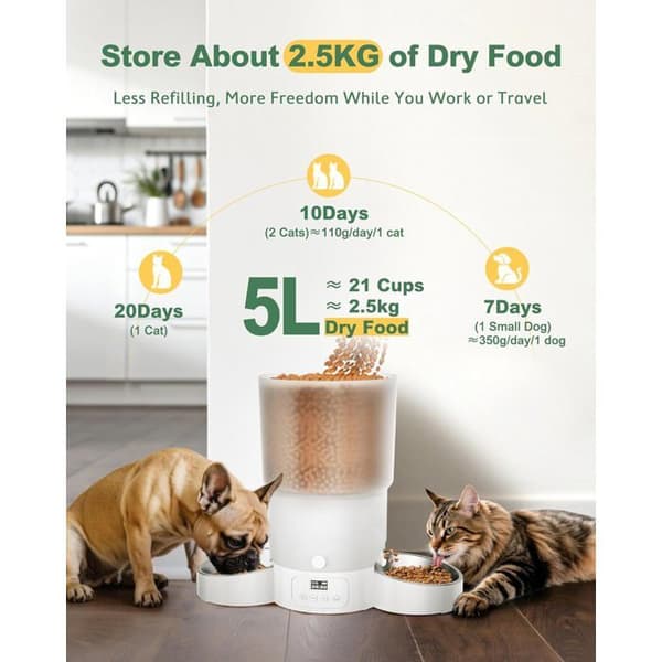 Automatisk foderdispenser - GIMARS - 5L - 2 rostfria skålar - Timer 1-6 måltider