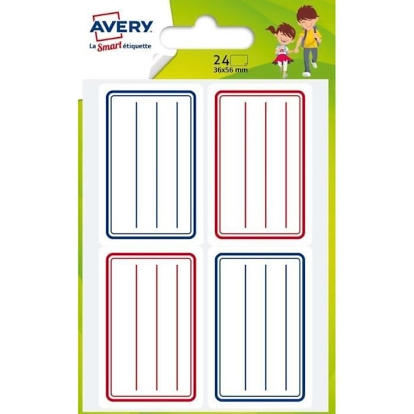 Skoletiketter - Blå och röda linjer - 36x56mm eller 76x34mm - Permanent självhäftande - 15 eller 20 etiketter