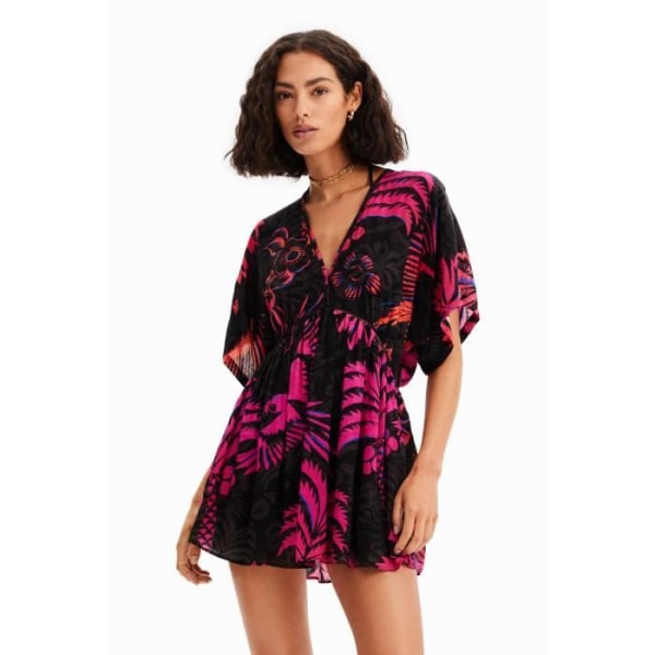Desigual tropisk tunikaklänning för kvinnor - svart/rosa - XL Svart / rosa jag