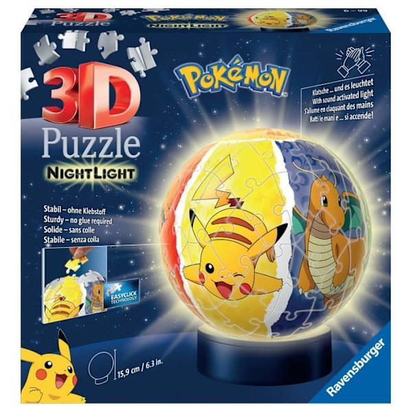 Pokémon Illuminated Ball 3D-pussel - Ravensburger - 72 numrerade bitar - Lysande bas - Från 6 år Flerfärgad
