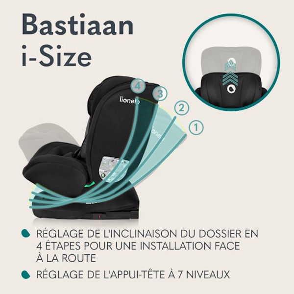 Evolutionsbart stol 40-150 cm LIONELO Bastiaan i-Size - 360° svängbar bas - ISOFIX - Från 0 till 36 kg - Grupp 0/1/2/3 - Svart Svart grå