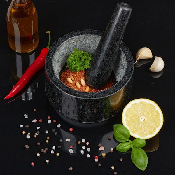 Relaxdays Mortel i granit med stöt, robust, kryddor, örter, halkfri, polerad sten, d. 14 cm, 400ml, grå/vit svart vit
