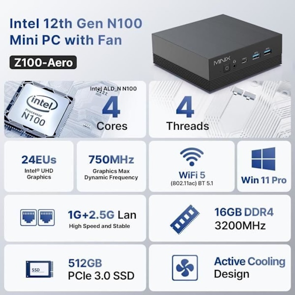 MINIX PC Z100-Aero - Intel N100 - 16 GB DDR4 - 512 GB SSD - Triple skärm 4K - Windows 11 Pro