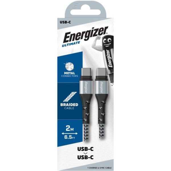 Energizer telefonkabel - Flätad USB-C/USB-C laddningskabel - 2m - Högt motstånd - Silver