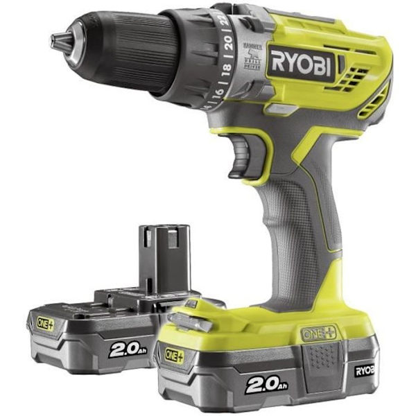 RYOBI 2-växlad 18V ONEPLUS hammarborrmaskin - 2x 2,0 Ah R18PD3-220S LithiumPlus-batterier Grön