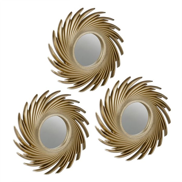 Relaxdays Set med 3 speglar, rund form solmotiv, diameter 25 cm, inredning, plastram, gyllene gyllene