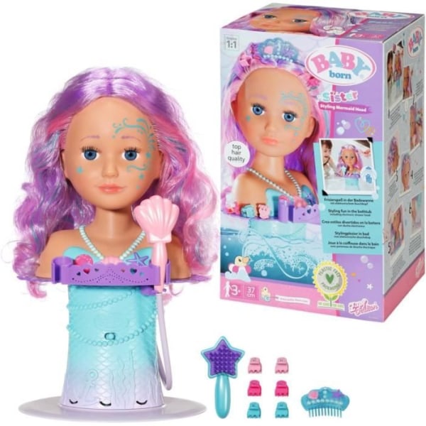 Baby born - Mermaid stylinghuvud - 1 Starfish hårborste, 1 tiara och hårspänne - Håller under vattnet - 37 cm