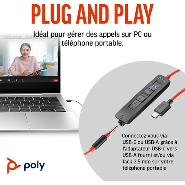 Micro-headset med sladd Poly Blackwire 3325 - Certifierad för Microsoft Teams