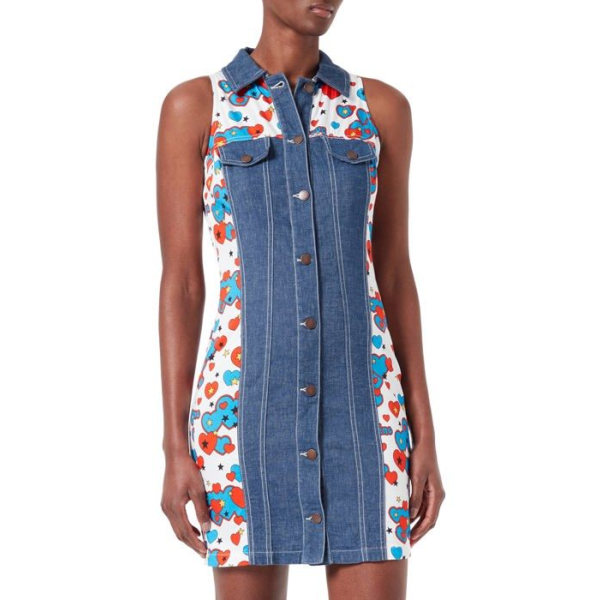 Love Moschino Dress - WVJ4000 S3262 - Allover Hearts and Stars Printed Dress, Dark Blue Denim, 46 Women Mörkblå Denim 46