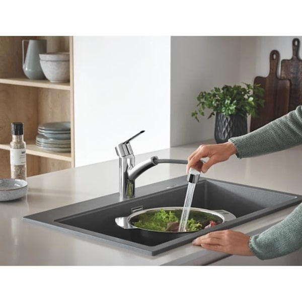 GROHE QUICKFIX Start Diskbänkskran, utdragbar spray, 2-jet-avledare, 90° rotation, 30531001 Krom