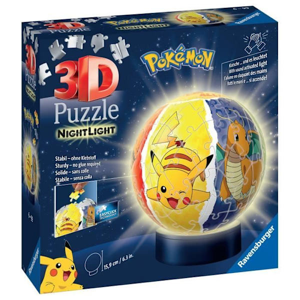 Pokémon Illuminated Ball 3D-pussel - Ravensburger - 72 numrerade bitar - Lysande bas - Från 6 år Flerfärgad