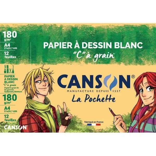 Ritpapper - CANSON - C korn - 21 x 29,7 cm - 180g - 12 ark - Vit Vit