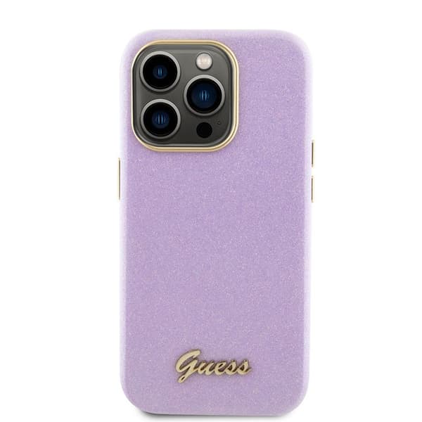 Coque Guess Glitter Glossy Script för iPhone 15 Pro - Ljuslila Ljuslila