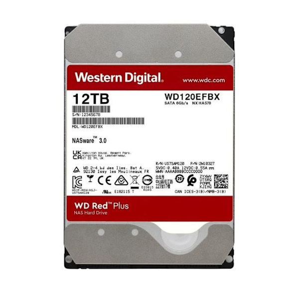 WD Red™ Plus - NAS intern hårddisk - 12TB - 7200 rpm - 3,5" (WD120EFBX)