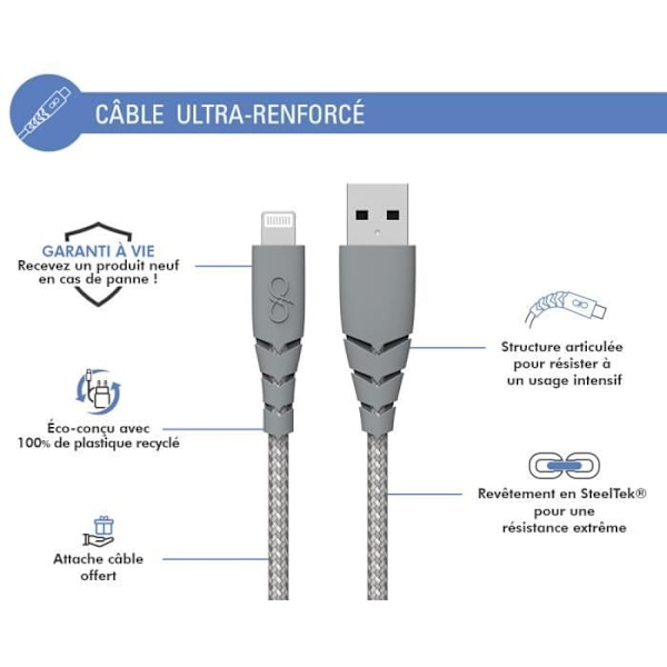 Mobiltelefonkabel Force Power Cable Ultra Förstärkt USB-A/Lightning 3m Recycle Grey