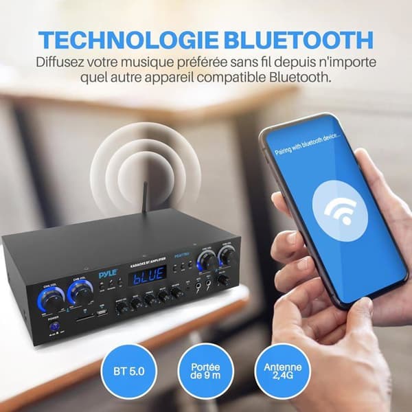 Pyle Bluetooth-förstärkare 800W 4 kanaler – MP3, USB, SD, AUX, RCA, FM, 2 mikrofoner
