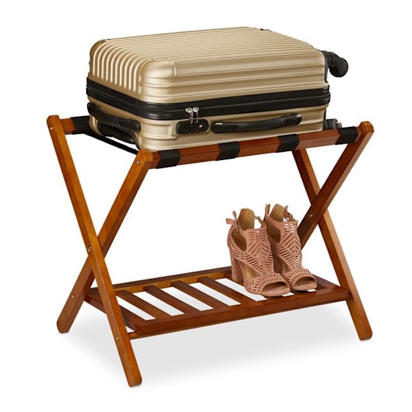Relaxdays Fällbart bagagebord, trä, H x B x D: 54,5 x 66 x 44,5 cm, 2 hyllor, hotellbagagehållare, natur brun, svart