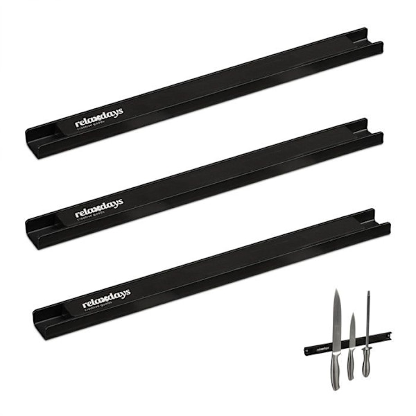Relaxdays Magnetisk stång, set med 3, magnetiska verktygsfästen, knivar, redskap, 30 cm lång, väggmontering, svart svart