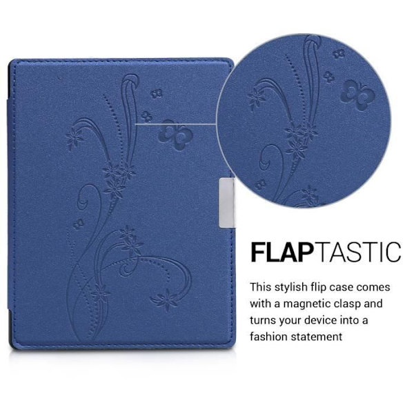 kwmobile eReader-fodral Kompatibel med Kobo Aura Edition 1 - Magnetiskt flipskydd i konstläder - Fjärilar och blommor Blå F