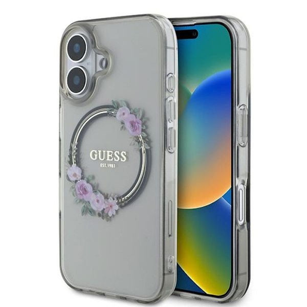 Coque för iPhone 16 - Guess IML Blomkrans MagSafe (GUHMP16SHFWWFCK) - Svart
