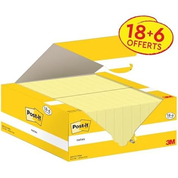 Post-it Anteckningar - POST-IT - Pack Promo 18 Block + 6 GRATIS - 100 Ark - Kanariegul - 38 mm x 51 mm Gul