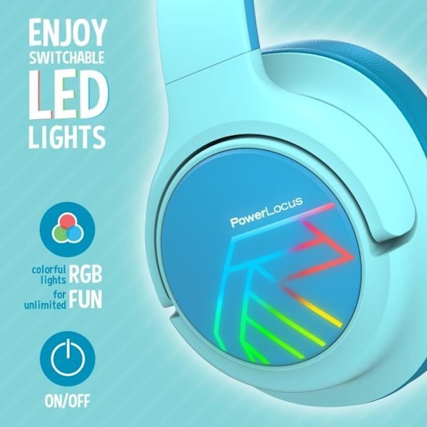 Barnhörlurar - PowerLocus - Bluetooth - Begränsad volym 74-85-94dB - 45 timmar - Färgade LED-lampor Blå
