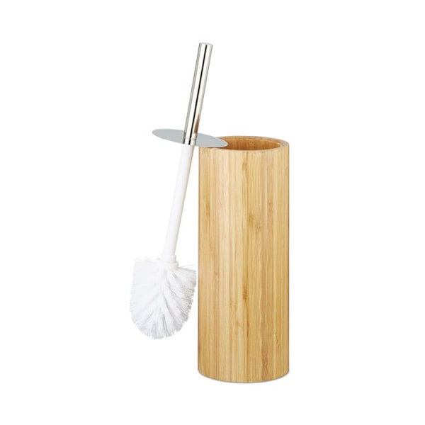 Relaxdays Toalettborsthållare, Rund Bambu Toalettborsthållare Badrumsborsthållare HxD: 37,5 x 10,5 cm, Naturlig ljusbrun, vit, silverfärgad
