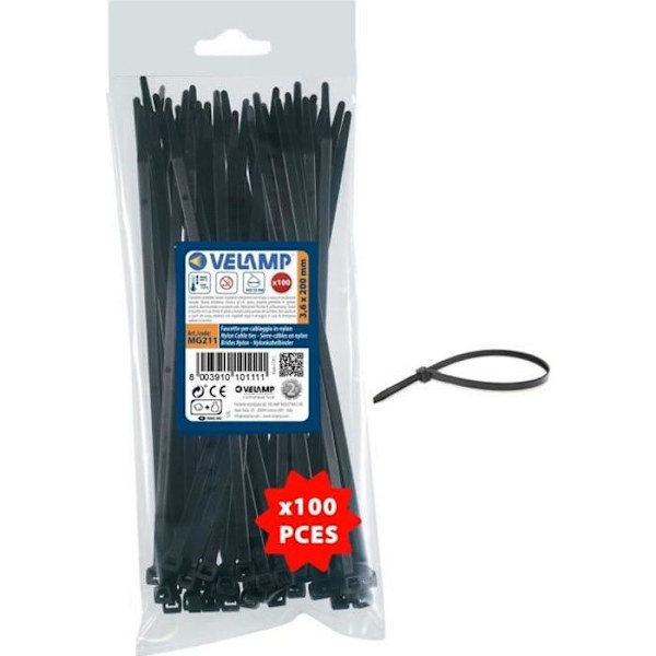 Fästkragar i nylon - VELAMP - 3,6x200 - Svart - Paket om 100 - Perforerad bandkrage - Enkel Svart
