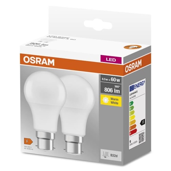 OSRAM LED-lampa | Sockel: B22d | Varm vit | 2700 K | 8,50 W | ersättning för 60 W glödlampa | opal | LED BASE Vit