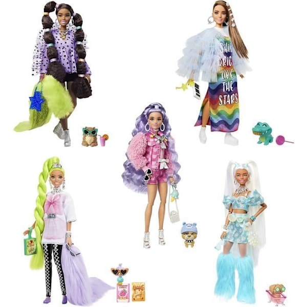 Docka set - Mattel - Barbie Extra - 5 dockor - 70 tillbehör - 5 husdjur Färgad