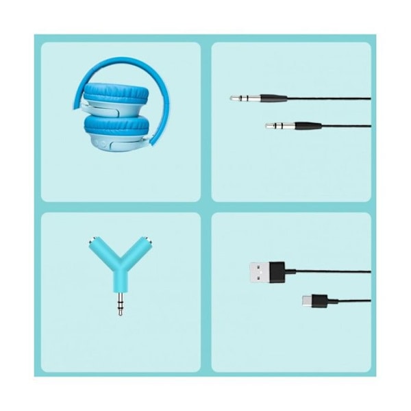Barnhörlurar - PowerLocus - Bluetooth - Begränsad volym 74-85-94dB - 45 timmar - Färgade LED-lampor Blå
